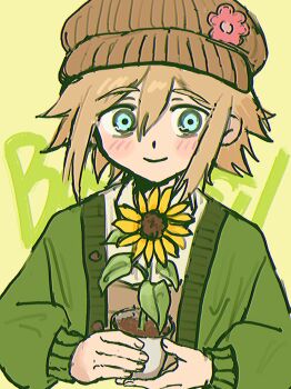 Rule 34 | 1boy, basil (birthday) (omori), basil (faraway) (omori), basil (omori), blonde hair, blush, brown hat, brown overalls, cardigan, character name, chromatic aberration, closed mouth, collared shirt, commentary request, cropped torso, double-parted bangs, fingernails, flipped hair, flower, flower pot, green cardigan, hair between eyes, hands up, hat, highres, holding, holding flower pot, looking at viewer, male focus, newsboy cap, official alternate costume, omori, open cardigan, open clothes, overalls, pink flower, plant, potted plant, shirt, short hair, sidelocks, smile, solo, straight-on, sunflower, tareme, uuuu myu, white shirt, yellow background