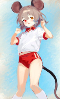 1girl animal_ears blush buruma collared_shirt flandzen flat_chest grey_hair gym_shirt gym_uniform hands_up heterochromia highres mouse_ears mouse_tail red_buruma red_eyes shirt short_sleeves solo tail touhou yellow_eyes