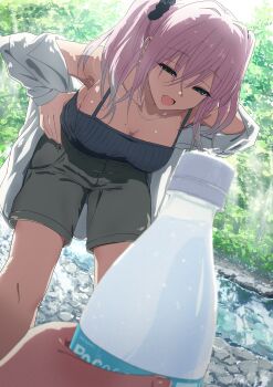 1girl absurdres black_nails black_scrunchie bottle breasts collarbone commentary_request grey_hair grey_shorts hair_ornament hair_scrunchie highres holding holding_bottle jewelry leaning_forward misaki_nonaka mole mole_on_chest necklace open_mouth original river scrunchie shorts solo twintails water_bottle