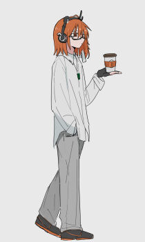 1girl a.i._voice absurdres adachi_rei alternate_costume black_gloves black_shoes closed_mouth cup disposable_cup fingerless_gloves flat_chest full_body glasses gloves grey_background grey_pants hair_ribbon hand_in_pocket hand_up headphones highres holding holding_cup jewelry long_sleeves mizhou_(mzhu112646) orange_eyes orange_hair pants pendant ribbon shirt shoes short_hair simple_background solo utau walking white_shirt
