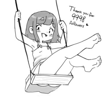1girl armpits bare_legs barefoot body_freckles dress fang female_focus freckles heart loli looking_at_viewer milestone_celebration monochrome open_mouth original qtkat short_hair sidelocks sleeveless sleeveless_dress smile soles solo swing thank_you thighs toes