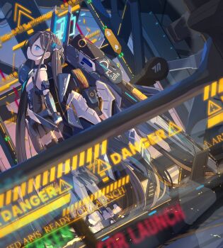 1girl absurdres aris_(armed)_(blue_archive) aris_(blue_archive) bare_shoulders black_hair blue_archive blue_eyes commentary_request force_(fossan_01) gloves hair_between_eyes halo highres holding long_hair mecha_musume mechanical_wings rectangular_halo sign skirt solo thighhighs twintails very_long_hair warning_sign wings