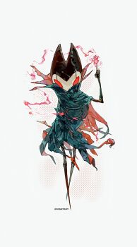 1boy absurdres arm_up artist_name black_cloak chinese_commentary cloak commentary_request film_grain fire full_body grimm_(hollow_knight) halftone halftone_background highres hightguy hollow_knight horns index_finger_raised looking_at_viewer male_focus pyrokinesis red_eyes red_fire simple_background solo white_background