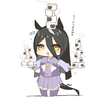 Rule 34 | 1girl, absurdres, animal ears, balancing, balancing on head, black hair, blush, bow, bowtie, chibi, coffee mug, cup, ear tag, earrings, hair between eyes, heart, highres, holding, holding cup, holding tray, horse ears, horse girl, horse tail, jewelry, long bangs, long hair, long hair between eyes, long sleeves, looking at viewer, manhattan cafe (umamusume), mug, multicolored hair, open mouth, pleated skirt, purple sailor collar, purple serafuku, purple shirt, purple skirt, purple thighhighs, sailor collar, sailor shirt, school uniform, serafuku, shirt, single earring, skirt, smile, solo, steaming cup, tail, thighhighs, too many, tracen school uniform, tray, umamusume, very long hair, white bow, white bowtie, white hair, ya.yu., yellow eyes