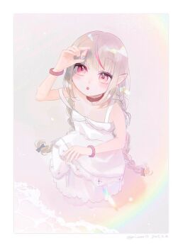 Rule 34 | 1girl, :o, ai ame11, arm up, bare shoulders, beach, belt collar, black ribbon, blunt bangs, blush, border, bracelet, braid, choker, collar, dated, dress, flat chest, from above, full body, grey hair, hair ribbon, holding seashell, jewelry, lace trim, long hair, looking at object, low twin braids, makaino ririmu, makaino ririmu (3rd costume), multicolored hair, nijisanji, parted lips, pointy ears, rainbow, red collar, red eyes, red hair, ribbon, seashell, shell, sidelocks, sleeveless, sleeveless dress, solo, squatting, strap slip, streaked hair, sundress, twin braids, twitter username, virtual youtuber, white border, white dress