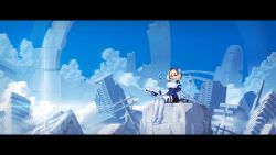 1girl aduare animated blinking blonde_hair blue_eyes day ella_of_the_sky floating_hair full_body hair_between_eyes hair_through_headwear hand_rest hood hood_up huge_filesize last_origin letterboxed long_hair outdoors pixel_art post-apocalypse ruins scenery sitting sky solo ugoira video wind