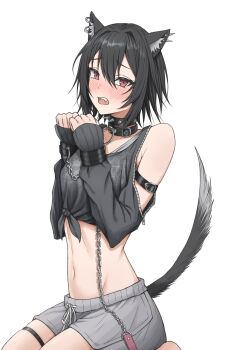 1girl animal_ear_fluff animal_ears bare_shoulders black_hair blush bound bound_wrists brown_eyes chain chain_leash choker clothing_cutout collar cuffs earrings handcuffs highres jewelry leash looking_at_viewer midriff navel original otyappa078 punk short_hair shorts shoulder_cutout sitting spiked_choker spikes tail thigh_strap wariza