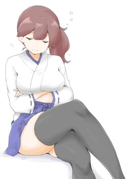 1girl akara_kai black_thighhighs blue_hakama brown_hair closed_eyes crossed_arms crossed_legs feet_out_of_frame hakama hakama_short_skirt hakama_skirt highres japanese_clothes kaga_(kancolle) kantai_collection kimono side_ponytail simple_background sitting skirt sleeping solo thighhighs white_background white_kimono