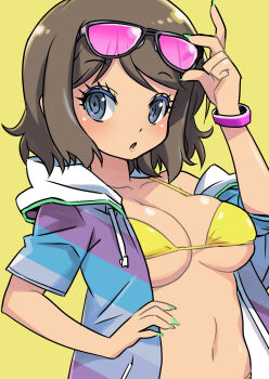 Rule 34 | 1girl, animal crossing, bikini, blue hoodie, blush, bracelet, breasts, brown hair, cleavage, collarbone, eyewear on head, green nails, grey eyes, hand on own hip, highres, hood, hoodie, jewelry, looking at viewer, medium breasts, micro bikini, muramasa mikado, murana (muramasa mikado), navel, nintendo, open clothes, open hoodie, open mouth, original, short hair, short sleeves, standing, striped clothes, striped hoodie, sunglasses, sunglasses on head, swimsuit, underboob, upper body, villager (animal crossing), yellow background, yellow bikini