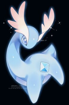 black_background blue_eyes character_request commentary full_body highres horns iwasi_29 nintendo no_humans pokemon pokemon_(creature) pokemon_focus simple_background solo sparkle symbol-only_commentary twitter_username watermark