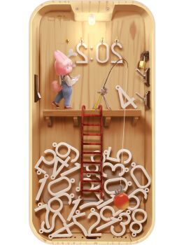 1girl animal_ears apple blue_eyes blue_overalls brown_shoes cat_ears cat_girl cat_tail ceiling_light cellphone choco_(nekoita) commentary fishing_rod food fruit highres holding ladder lever light_switch lock mini_person minigirl nekoita original overalls padlock parted_lips phone pink_hair shirt shoes short_hair smartphone solid_oval_eyes solo standing standing_on_one_leg tail timestamp white_shirt