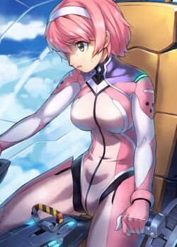1girl bodysuit breasts brown_eyes cloud cockpit covered_navel day driving eyebrows_hidden_by_hair female_focus formal_clothes gloves hairband head_down indoors large_breasts looking_to_the_side mecha medium_breasts nervous open_mouth original pilot_suit piloting pink_bodysuit pink_hair pink_theme robot science_fiction short_hair sitting skin_tight sky solo spacecraft spacecraft_interior starfighter suit sweat uchiu_kazuma white_hairband