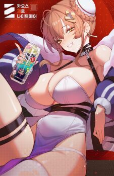 1girl absurdres arm_up bare_shoulders black_choker blue_dress blue_jacket braid braided_bun breasts brown_hair bun_cover can chaos_zero_nightmare choker cleavage covered_navel cropped_jacket double_bun dress drink_can earrings gradient_clothes gradient_dress hair_bun hair_ornament hashtag-only_commentary highres holding holding_can huge_breasts jacket jewelry kyudong. looking_at_viewer mole mole_on_breast mole_under_mouth nail_polish off_shoulder open_clothes open_jacket panties panty_straps pelvic_curtain piercing short_hair_with_long_locks single_thighhigh skindentation smile solo strapless strapless_dress teeth thigh_strap thighhighs thighs underwear white_panties yellow_eyes yuki_(chaos_zero_nightmare)