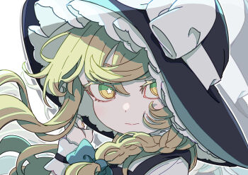 Rule 34 | 1girl, absurdres, black hat, black vest, blonde hair, bow, braid, commentary, frilled hat, frills, gloves, green bow, hair between eyes, hair bow, hand up, hat, hat bow, highres, kame (kamepan44231), kirisame marisa, long hair, portrait, shirt, single braid, solo, star-shaped pupils, star (symbol), symbol-shaped pupils, touhou, vest, white bow, white gloves, white shirt, witch hat, yellow eyes