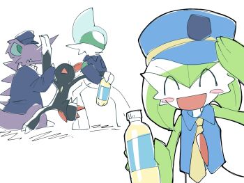 black_fur blue_hat bob_cut bottle clothed_pokemon colored_skin gallade gardevoir gen_1_pokemon gen_2_pokemon gen_3_pokemon gen_4_pokemon green_hair green_skin hat highres hime_takeo holding holding_bottle horns multicolored_skin necktie nidoking nintendo open_mouth pokemon pokemon_(creature) purple_skin simple_background single_horn smile sneasel two-tone_skin white_background white_skin yellow_necktie