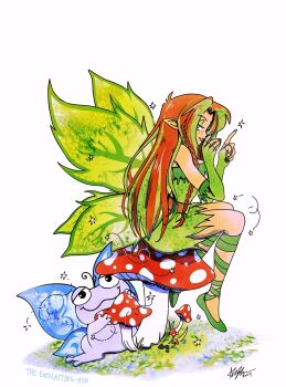 1girl braid brown_hair commentary dress english_commentary everlasting_ash eyeshadow faerie_neopet fairy fairy_wings fly_agaric gloves green_dress green_eyeshadow green_footwear green_gloves green_hair highres illusen long_hair makeup multicolored_hair mushroom neopet_(creature) neopets pointy_ears quiggle simple_background sitting solo_focus streaked_hair traditional_media very_long_hair white_background wings