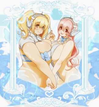 Rule 34 | 2girls, artist name, blonde hair, blue bow, blush, bow, bowtie, breast press, breast strap, breasts, brown eyes, cleavage, from side, headphones, heart, highres, holding hands, huge breasts, interlocked fingers, jorii l33, large breasts, long hair, medium hair, multiple girls, nitroplus, open mouth, picture frame, pink hair, plump, red eyes, red nails, shrug (clothing), slingshot swimsuit, smile, standing, super pochaco, super sonico, swimsuit, symmetrical docking, twintails, white background, white shrug, white slingshot swimsuit, wings