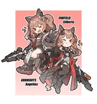 2girls :d ^^^ amonitto angelina_(arknights) animal_ear_fluff animal_ears arknights belt black_boots black_collar black_gloves black_shirt black_shorts black_socks black_thighhighs blush_stickers boots border brown_hair character_name coat collar commentary_request copyright_name dot_nose dress earpiece fang film_grain fox_ears fox_girl gilberta_(arknights) gloves grey_dress hairband headpiece heavy_film_grain high_belt highres holding holding_staff infection_monitor_(arknights) jacket knee_up kneehighs long_hair long_sleeves looking_at_viewer multicolored_hairband multiple_girls one_eye_closed open_clothes open_coat open_mouth outline outside_border pink_background red_coat red_eyes red_hairband red_jacket shirt shoes short_dress short_shorts shorts smile sneakers socks staff striped_clothes striped_hairband thighhighs twintails two-tone_hairband v white_border white_coat white_outline zipper_pull_tab