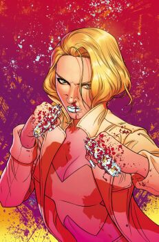 1girl artist_collaboration blonde_hair blood blood_on_clothes blood_on_face blood_on_hands bloody_weapon blue_eyes brass_knuckles breasts cleavage comic_cover commentary emma_frost english_commentary english_text initial jacket large_breasts looking_at_viewer looking_up marvel matt_wilson medium_hair midriff nosebleed official_art purple_background russell_dauterman solo upper_body weapon white_jacket white_lips white_nails x-men yellow_background