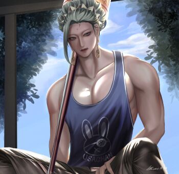 1boy absurdres animal_print bindi blue_eyes blue_hair blue_tank_top brown_pants buddha_(shuumatsu_no_valkyrie) closed_mouth collarbone crown crown_hair_ornament crown_ornament day ear_piercing earrings facial_mark fangs fangs_out forehead_mark gold_crown gold_earrings green_hair hair_bun half-closed_eyes highres jewelry leaves legs_apart long_hair looking_at_viewer loose_hair_strand lower_teeth_only male_focus multicolored_hair muscular muscular_male outdoors over_shoulder pants pectoral_cleavage pectorals piercing rabbit_print shuumatsu_no_valkyrie simple_background sitting solo staff tagme tank_top teeth toned toned_male tree weapon weapon_over_shoulder