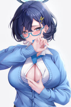 1girl absurdres blue-framed_eyewear blue_archive blue_cardigan blue_eyes blue_hair blue_necktie blush bob_cut breasts button_gap cardigan chihiro_(blue_archive) cleavage collared_shirt commentary_request covering_own_mouth embarrassed glasses hair_between_eyes hair_ornament hairpin halo highres large_breasts long_sleeves looking_at_viewer mechanical_halo mouth_hold necktie necktie_on_mouth open_cleavage paizuri_invitation parted_bangs rabbit_hair_ornament rai_(newtype_xm-x1) rectangular_eyewear school_uniform shirt short_hair simple_background solo spread_cleavage upper_body white_background white_shirt