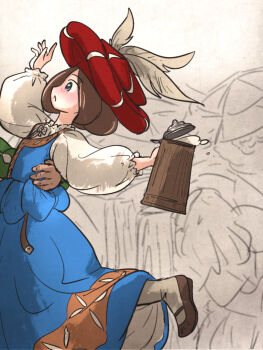 1girl belt blue_dress blue_eyes blush bow bowtie brown_hair brown_shoes brown_trim chaperon_hat commentary dress drink english_commentary froth green_sleeves hat hat_feather highres holding holding_drink ironlily landsknecht_(ironlily) long_sleeves looking_to_the_side medium_hair original out_of_frame outstretched_arms parted_lips puffy_long_sleeves puffy_sleeves pulling red_hat shirt shoes simple_background sketch_background socks solo_focus standing standing_on_one_leg tankard white_shirt white_socks
