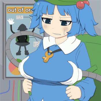 1girl animated animated_gif backpack bag blue_eyes blue_hair blue_shirt blush breasts collared_shirt english_text female_focus graph green_headwear groping hair_bobbles hair_ornament hat indoors kawashiro_nitori key kigan&#039;eiji large_breasts long_sleeves looking_down mechanical_arms parted_lips shirt short_hair sweat sweatdrop teeth touhou twintails wire
