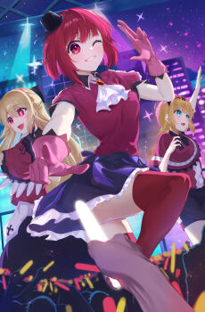 3girls :3 :d absurdres arima_kana arm_up ascot audience b-komachi_(new) black_bow black_hat black_ribbon black_shorts black_skirt blue_eyes blush bob_cut bow breasts brooch capelet clenched_teeth collared_capelet collared_shirt commentary_request demon_horns fake_horns feet_out_of_frame film_grain frilled_capelet frilled_skirt frilled_sleeves frills gloves hair_between_eyes hair_bow hat hat_ribbon highres horns hoshino_ruby idol idol_clothes inverted_bob jewelry long_hair looking_at_viewer medium_breasts medium_hair memcho mini_hat miniskirt mismatched_pupils multicolored_hair multiple_girls neck_ribbon night one_eye_closed open_mouth oshi_no_ko pink_eyes pink_gloves pointing puffy_short_sleeves puffy_sleeves red_capelet red_eyes red_hair red_shirt red_thighhighs revision ribbon roots_(hair) shadow shirt short_hair short_sleeves shorts sidelocks skirt sky smile sparkle stage_lights standing standing_on_one_leg star-shaped_pupils star_(symbol) sty symbol-shaped_pupils teeth thighhighs upper_teeth_only w white_ascot zettai_ryouiki