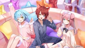 Rule 34 | :d, animal ear fluff, animal ears, blue eyes, blue hair, blurry, blurry background, bow, brown eyes, brown shirt, brown shorts, character request, claw pose, closed mouth, collarbone, collared shirt, commentary request, couch, crescent, depth of field, dress shirt, ear piercing, feet out of frame, fur-trimmed shorts, fur trim, green eyes, grey pajamas, grey pants, grey shirt, hair bow, hairband, hand up, heterochromia, indoors, kanda done, knees up, long hair, long sleeves, looking at viewer, multicolored hair, on couch, one eye closed, open mouth, pajamas, pants, piercing, pillow, pink hair, pink shirt, pink shorts, puffy long sleeves, puffy sleeves, purple eyes, rinu (stpri), shirt, shorts, sleeves past wrists, smile, star (symbol), strawberry prince, streaked hair, white bow, white hairband