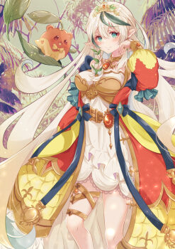 1girl blonde_hair boobplate bow braid breastplate breasts brooch coat commission dress gem gold_choker gold_thighlet gradient_hair green_bow green_eyes green_hair highres indie_virtual_youtuber jewelry long_hair long_sleeves medium_breasts multicolored_hair off-shoulder_dress off_shoulder open_clothes open_coat orange_coat orange_gem pointy_ears short_dress skeb_commission sleeveless sleeveless_dress solo streaked_hair thighlet tiara urushimori_hasu_(vtuber) virtual_youtuber white_dress white_hair yellow_coat yudoufu_(littleplus)