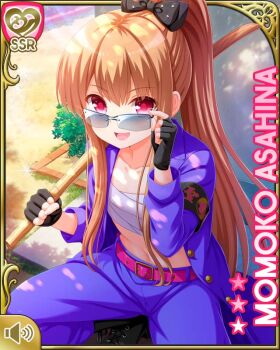 1girl asahina_momoko banchou belt black_bow bouken bow brown_hair delinquent female_focus fingerless_gloves girlfriend_(kari) glasses gloves holding jacket japanese_clothes long_hair midriff official_art open_mouth outdoors pants pink_belt pocket ponytail purple_jacket purple_pants qp:flapper red_eyes sarashi school sitting smile solo standing stomach tagme window wrappings