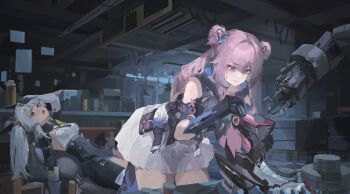 2girls absurdres bare_shoulders black_gloves black_jacket black_pants black_shrug braid chinese_commentary commentary_request concentrating cowboy_shot double_bun dress gloves hair_between_eyes hair_bun hair_intakes hand_on_own_head headphones highres ian46166491 indoors jacket karenina:_scire_(pgr) karenina_(pgr) laboratory leaning_forward long_hair machine maintenance mechanical_arms mechanical_boots multiple_girls open_mouth pants pink_hair punishing:_gray_raven repairing robot shirt shrug_(clothing) teddy:_spectre_(pgr) teddy_(pgr) twin_braids twintails white_dress white_hair white_shirt wispy_bangs yellow_eyes