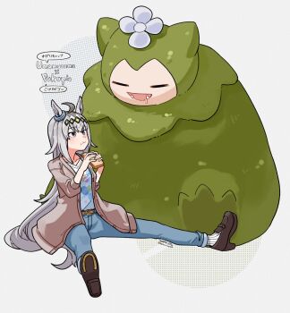 =_= ahoge alternate_form animal_ears belt blue_eyes blue_pants bread bread_slice brown_belt closed_eyes commentary_request drooling fangs flower flower_on_head food gen_1_pokemon grey_hair grey_tail hair_between_eyes hairband highres holding horse_ears horse_girl horse_tail jacket long_hair long_sleeves moss mosslax nintendo oguri_cap_(casual)_(umamusume) oguri_cap_(umamusume) open_clothes open_jacket open_mouth pants pokemon pokemon_(creature) pokemon_pokopia saliva saramiao-chan shirt shoes simple_background sitting smile snorlax socks tail umamusume very_long_hair white_shirt white_socks