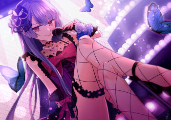 1boy absurdres blue_butterfly blue_hair bow bug butterfly butterfly_hair_ornament crescent cross-laced_clothes cross-laced_dress dress dress_bow fingernails fishnet_thighhighs fishnets flower frilled_dress frills hair_ornament hatuki_82 high_heels highres holding i-chu insect jewelry kagurazaka_runa long_hair looking_at_viewer male_focus microphone necklace pearl_necklace purple_flower purple_rose red_eyes red_lips red_nails rose sitting sleeveless sleeveless_dress smile solo stage_lights swept_bangs thighhighs trap