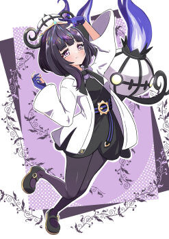 1girl absurdres belt black_dress black_hair black_pantyhose blue_gloves blunt_bangs blush bob_cut chandelure closed_mouth coat dress fire gen_5_pokemon gloves gradient_hair gwynn_(pokemon) hat highres long_sleeves mega_stone multicolored_hair nintendo o-ring o-ring_belt open_clothes open_coat pantyhose partially_fingerless_gloves pokemon pokemon_(creature) pokemon_legends:_z-a purple_eyes purple_fire purple_hair rono_(lethys) shoes short_hair white_coat yellow_eyes