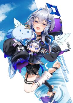 1girl :d ahoge amane_kanata amane_kanata_(cutesy_punk) angel_wings bear_hair_ornament black_collar black_jacket black_shorts black_socks blue_hair blue_sky casino_(casinoep) character_hair_ornament character_name cloud collar colored_inner_hair commentary_request crossed_bangs double-parted_bangs feathered_wings feet fishnet_pantyhose fishnets full_body grey_hair hair_between_eyes hair_ornament hairclip halo happy_birthday heart heart_o-ring highres hololive hood hooded_jacket jacket leg_warmers long_hair long_sleeves looking_at_viewer mini_wings multicolored_hair no_shoes o-ring o-ring_thigh_strap official_alternate_costume official_alternate_hairstyle open_mouth pantyhose pink_streaks puffy_long_sleeves puffy_sleeves purple_eyes shirt short_shorts shorts single_hair_intake single_leg_pantyhose single_leg_warmer sky sleeves_past_fingers sleeves_past_wrists smile socks socks_over_pantyhose soles solo standing standing_on_liquid standing_on_one_leg star_halo stirrup_legwear streaked_hair teeth thigh_strap thighs tilted_halo toeless_legwear toes upao_(amane_kanata) upper_teeth_only virtual_youtuber white_leg_warmers white_shirt white_wings wings x_hair_ornament