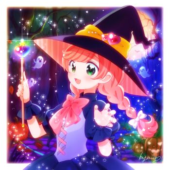 1girl artist_name black_dress black_hat bow bowtie braid claw_pose dress fang frilled_cuffs full_moon ghost hair_bow halloween hat hat_ornament heart heart_hat_ornament hirogaru_sky!_precure jack-o'-lantern kyanos_(b_0000ff) long_hair looking_at_viewer magical_girl moon night nijigaoka_mashiro open_mouth outdoors pink_bow pink_bowtie pink_hair pink_hat precure puffy_short_sleeves puffy_sleeves short_sleeves signature skin_fang smile solo sparkle star_(symbol) tree twin_braids two-sided_fabric two-sided_headwear upper_body white_bow witch witch_hat