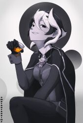 Rule 34 | absurdres, alcohol, black cape, black eyes, black gloves, cape, gloves, greyscale, hair between eyes, highres, looking at viewer, made in abyss, monochrome, multicolored hair, mutantshrimp, no pupils, ozen, seductive smile, smile, two-tone hair, whistle, whistle around neck
