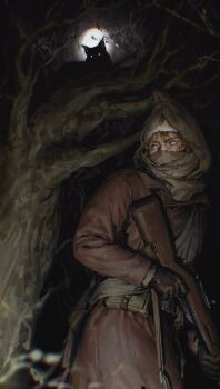 1boy blue_eyes bolt_action brown_coat brown_gloves brown_hair coat covered_mouth czerwonya finger_on_trigger full_moon gloves golden_kamuy gun hat highres holding holding_gun holding_weapon kepi long_sleeves looking_up lynx male_focus military_hat moon mosin-nagant night rifle scarf tree ushanka vasily_(golden_kamuy) weapon