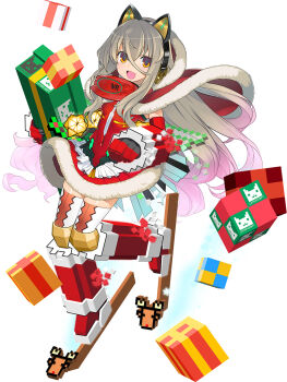 1girl :d animal_ear_headphones animal_ears boots breasts cat_ear_headphones cat_ears choukou_(alicesoft) choukou_taisen_escalation_heroines cloak covered_navel dress fake_animal_ears full_body fur_trim gift hakoishi_haru headphones highres holding holding_gift hood hooded_cloak looking_at_viewer official_art open_mouth orion_(orionproject) pixelated procmiel red_boots red_cloak red_dress skiing small_breasts smile solo