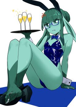 absurdres anger_vein animal_ears black_shoes blue-framed_eyewear blue_leotard champagne_flute colored_skin commentary cup drinking_glass english_commentary fake_animal_ears feet furry furry_female gen_4_pokemon glaceon glasses green_hair green_skin hair_bun highres holding holding_plate kambingoats leotard looking_at_viewer mole mole_under_eye nintendo plate playboy_bunny pokemon rabbit_ears shoes sidelocks single_shoe sitting sweat teeth white_background white_nails white_wrist_cuffs wrist_cuffs