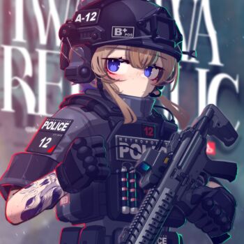 Rule 34 | 1girl, blush, brown hair, clenched hand, closed mouth, commentary request, ear protection, freckles, gloves, grey gloves, grey helmet, grey jacket, gun, hair between eyes, headset, helmet, highres, holding, holding gun, holding weapon, iwasawayuki, jacket, korean commentary, looking at viewer, original, purple eyes, short sleeves, solo, upper body, weapon, weapon request