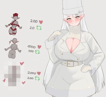 1girl absurdres belt breasts cleavage cleavage_cutout clothing_cutout gloves hat highres indie_virtual_youtuber jacket large_breasts long_hair looking_at_viewer pointy_ears smile solo sweater veridraws virgin_killer_sweater virtual_youtuber white_belt white_gloves white_hair white_hat white_jacket white_sweater yellow_eyes zentreya zentreya_(cyborg) zentreya_(jolly_zen)