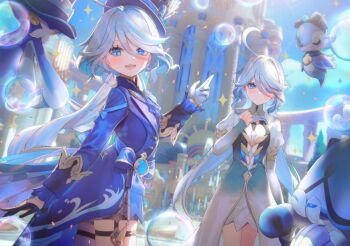 2girls aengdohwa blue_eyes blue_hat blue_jacket blush coattails cowboy_shot day dress drop-shaped_pupils focalors_(genshin_impact) from_side furina_(genshin_impact) genshin_impact gentilhomme_usher gloves gradient_clothes gradient_dress grey_hair hashtag-only_commentary hat heterochromia jacket juliet_sleeves long_hair long_sleeves looking_at_viewer mademoiselle_crabaletta multiple_girls open_mouth outdoors puffy_sleeves shorts solo surintendante_chevalmarin symbol-shaped_pupils teeth thigh_strap top_hat turning_head upper_teeth_only wavy_hair white_gloves white_shorts