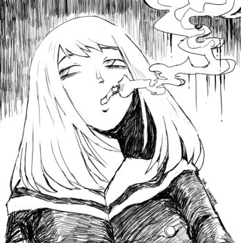 Rule 34 | 1girl, cigarette, commentary, english commentary, flcl, genc, greyscale, jacket, long hair, long sleeves, looking to the side, looking up, monochrome, portrait, sailor collar, samejima mamimi, school uniform, smoking, solo