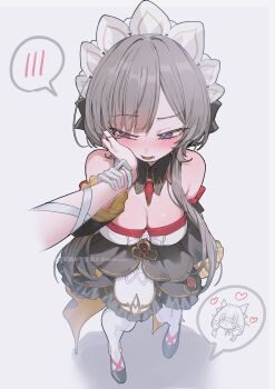 2girls absurdres black_dress blue_eyes blush breasts brown_hair cleavage closed_eyes columbina_(genshin_impact) detached_collar detached_sleeves dress from_above genshin_impact gloves grey_background hand_on_another&#039;s_cheek hand_on_another&#039;s_face hand_on_another&#039;s_wrist heart highres long_sleeves medium_breasts multiple_girls open_mouth puppet ribbon sandrone_(genshin_impact) simple_background solo_focus speech_bubble strapless strapless_dress takeno_omoti white_gloves white_ribbon wrist_ribbon