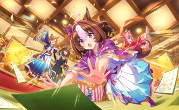 5girls admire_vega_(lucky_star_in_the_sky)_(umamusume) admire_vega_(umamusume) ahoge animal_ears blue_sailor_collar blush brown_eyes brown_hair ear_covers emphasis_lines falling floral_print floral_print_kimono flower game_cg gloves green_flower green_skirt hair_bun hair_flower hair_ornament hairband hakama hakama_skirt haru_urara_(new_year_new_urara!)_(umamusume) haru_urara_(umamusume) highres horse_ears horse_girl horse_tail japanese_clothes kimono kneeling matikanefukukitaru_(umamusume) meisho_doto_(padding_sores_should_she_go_flying)_(umamusume) meisho_doto_(umamusume) multicolored_hair multiple_girls official_alternate_costume official_art open_mouth orange_eyes orange_hair own_hands_clasped own_hands_together pink_eyes pink_flower pink_hair pink_hairband pleated_skirt print_kimono purple_flower purple_kimono purple_sailor_collar purple_skirt red_flower red_kimono sailor_collar school_uniform single_ear_cover skirt sweat t.m._opera_o_(new_year_same_radiance!)_(umamusume) t.m._opera_o_(umamusume) tail tracen_school_uniform two-tone_hair umamusume white_gloves white_hair white_kimono white_skirt