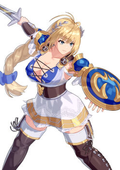 Rule 34 | 1girl, absurdres, blonde hair, blue eyes, braid, braided ponytail, breasts, commentary, commission, highres, holding, holding shield, holding sword, holding weapon, long hair, pixiv commission, shield, simple background, solo, sophitia alexandra, soul calibur, sword, weapon, white background, yagi2013