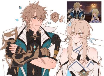 ... 1boy 1girl ? ?? bare_shoulders black_gloves black_shirt blonde_hair blue_eyes blue_flower blue_vest breasts brown_eyes brown_hair cleavage closed_mouth commentary crossed_arms derivative_work detached_sleeves dress english_commentary feather_hair_ornament feathers fingerless_gloves flower fur-trimmed_vest fur_trim genshin_impact gloves hair_between_eyes hair_flower hair_ornament highres lapels long_sleeves looking_at_another lumine_(genshin_impact) majunjuu medium_breasts open_clothes open_vest scar scar_on_face screenshot_redraw shirt short_hair sidelocks simple_background sleeveless sleeveless_dress smile spoken_ellipsis upper_body v-shaped_eyebrows varka_(genshin_impact) vest white_background white_dress white_flower white_sleeves yellow_pupils