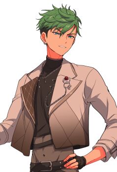 Rule 34 | 1boy, aqua eyes, belt, belt buckle, black belt, black gloves, blazer, buckle, chain, chain necklace, clenched teeth, commentary, earrings, ensemble stars!, fingerless gloves, fingernails, gloves, grey hair, hand on own hip, highres, jacket, jewelry, kojika juis, lapels, layered clothes, long sleeves, male focus, navel, necklace, notched lapels, open clothes, open jacket, parted lips, short hair, simple background, smile, solo, teeth, toroi (run01211), undercut, very short hair, white background